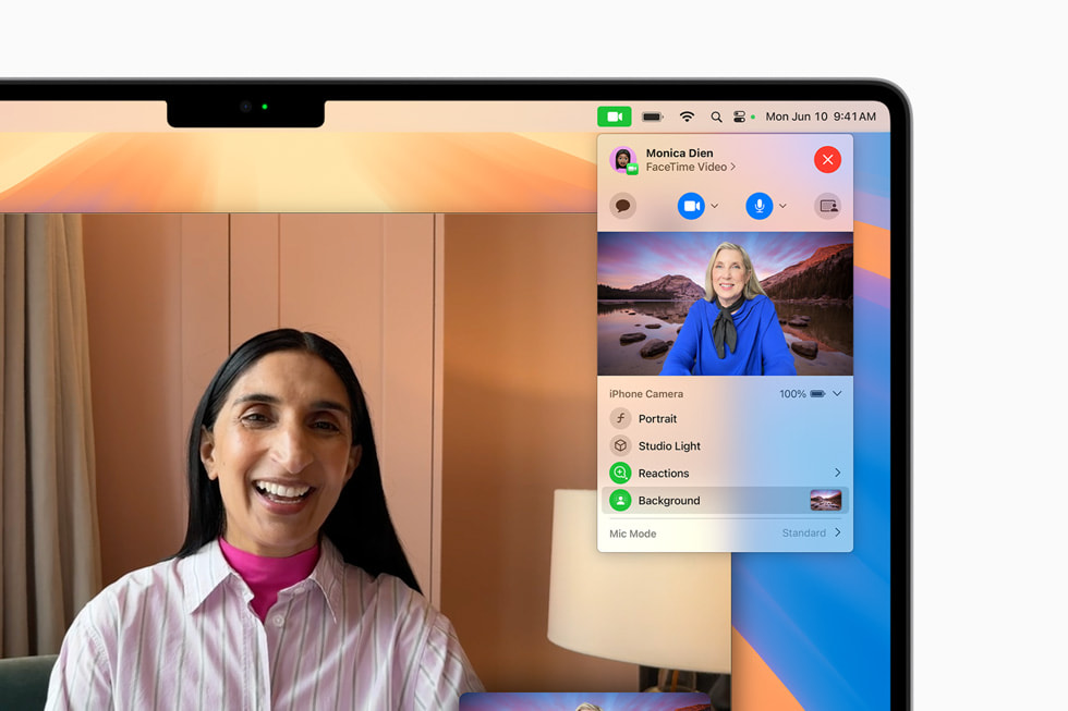用户 MacBook Pro 上 FaceTime 中显示的背景替换菜单。