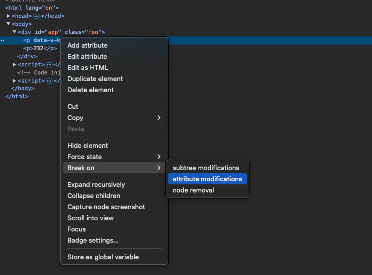 Chrome F12 -> Elements -> target Node 右键 -> Break on -> attribute modifications
