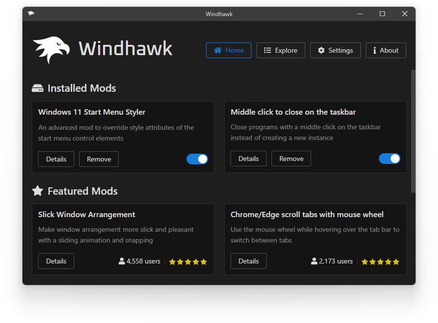 为 Windows 11 用户量身打造的优化神器！完全免费且开源的 Windhawk