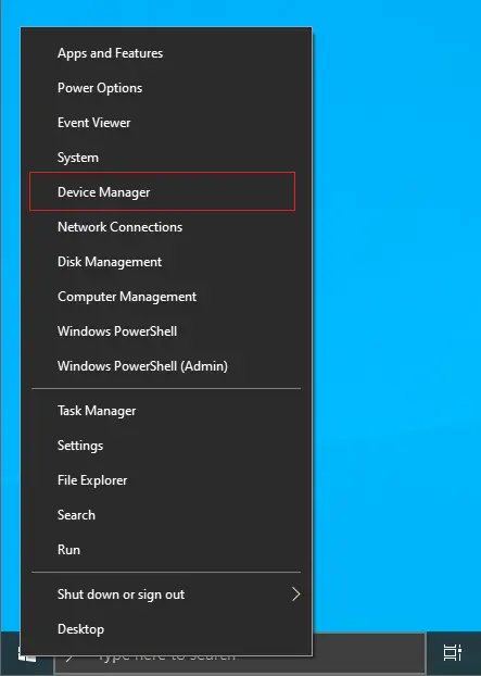 Right-click the Start menu and open Device Manager