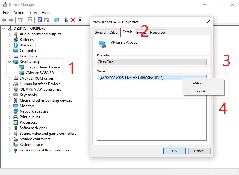 Switch to the Details tab, from the Property dropdown, select Class Guid, and then right-click to copy the Value displayed below
