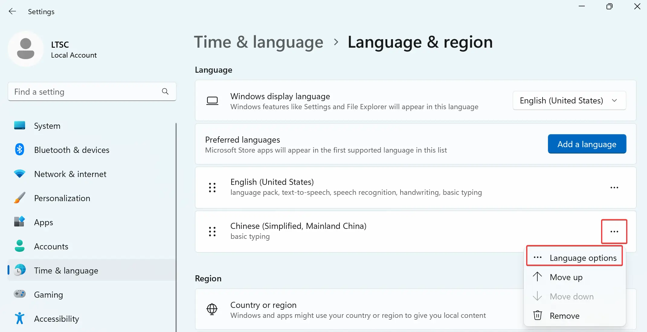 Click the three dots next to the Chinese entry and select Language options from the menu