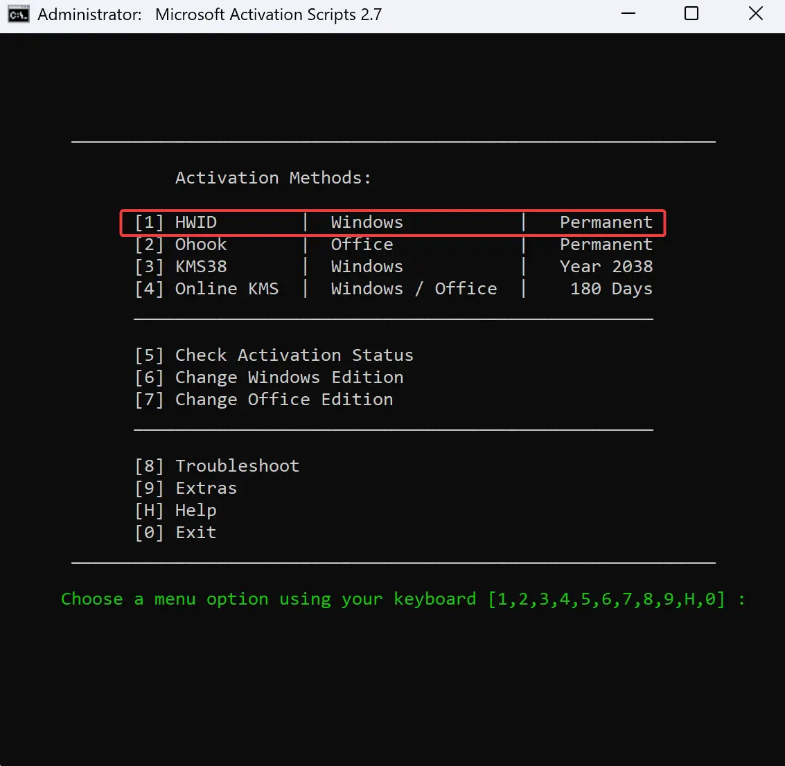 Enter 1 to activate using the HWID digital license