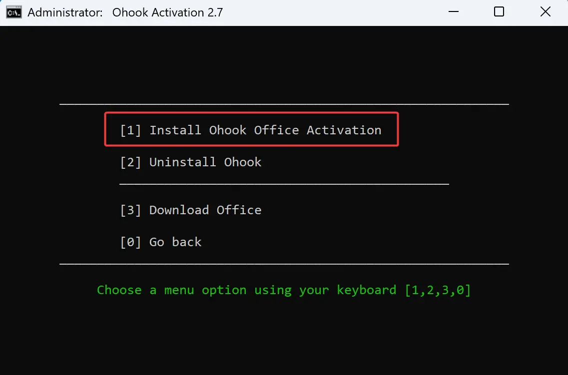 Type 1 to proceed with the activation