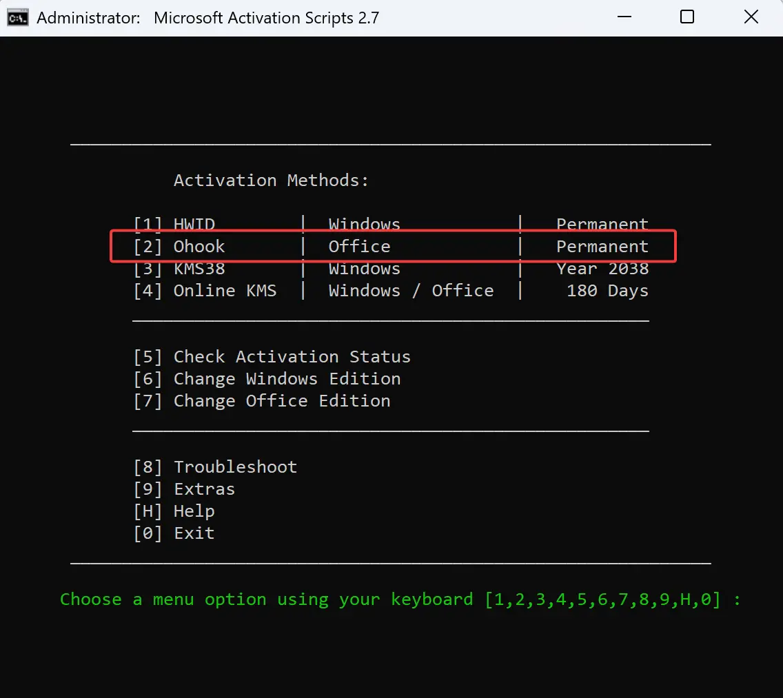 Type 2 to choose the Ohook activation method