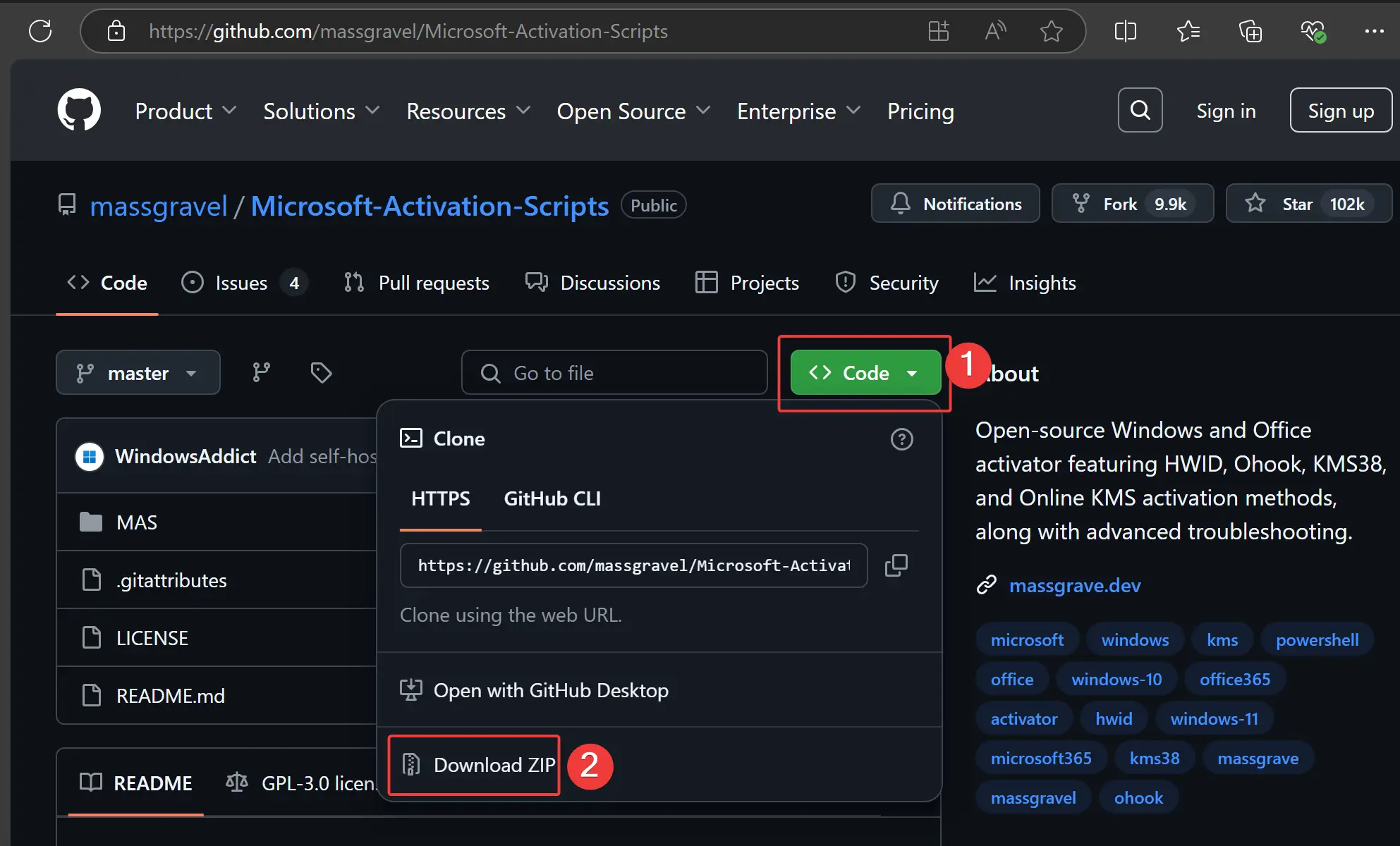 First, visit the MAS script GitHub repository and click the Code button in the upper-right corner. Select Download ZIP to download the compressed file