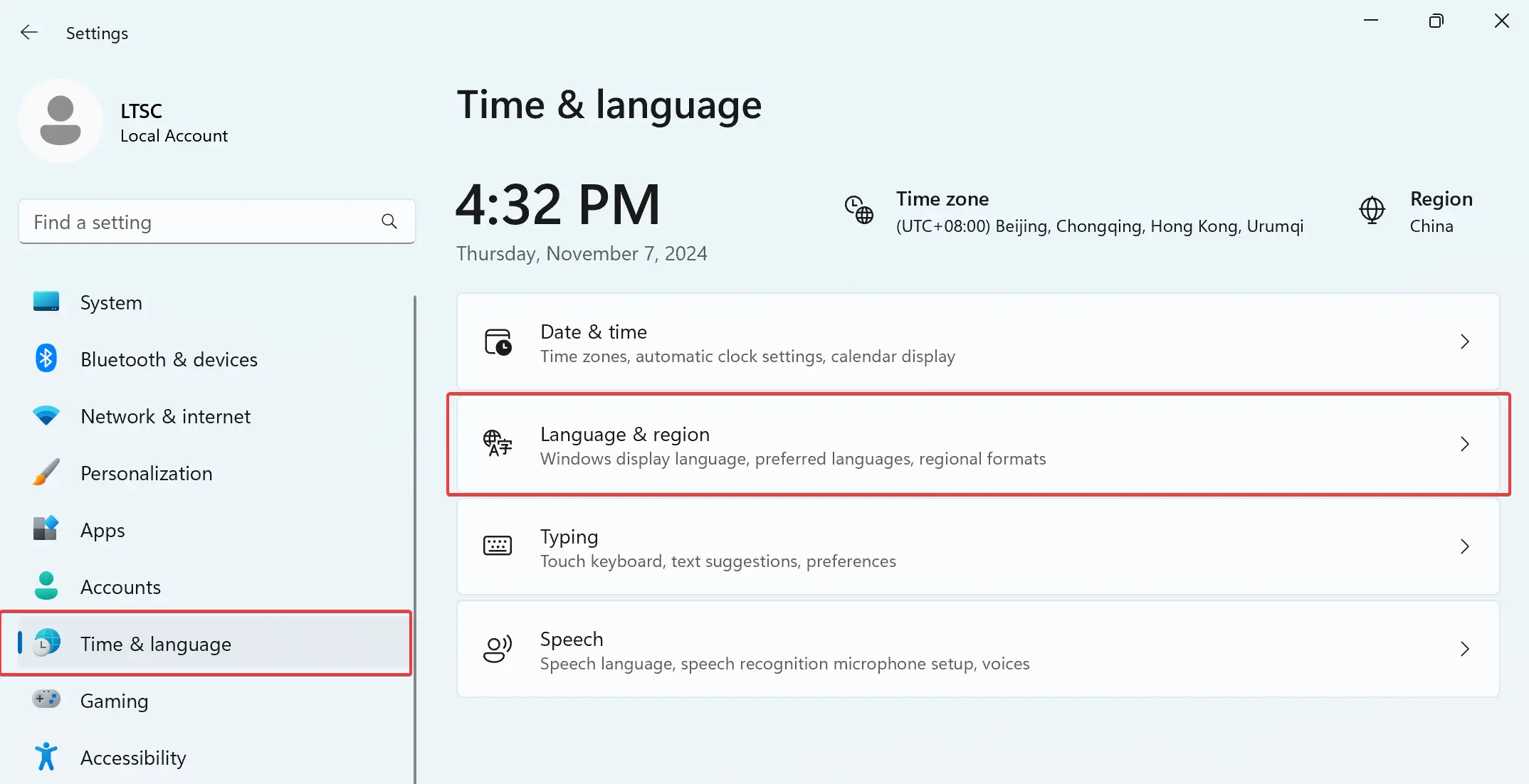 Click on the Time & language option in the left sidebar, then select Language & region on the right