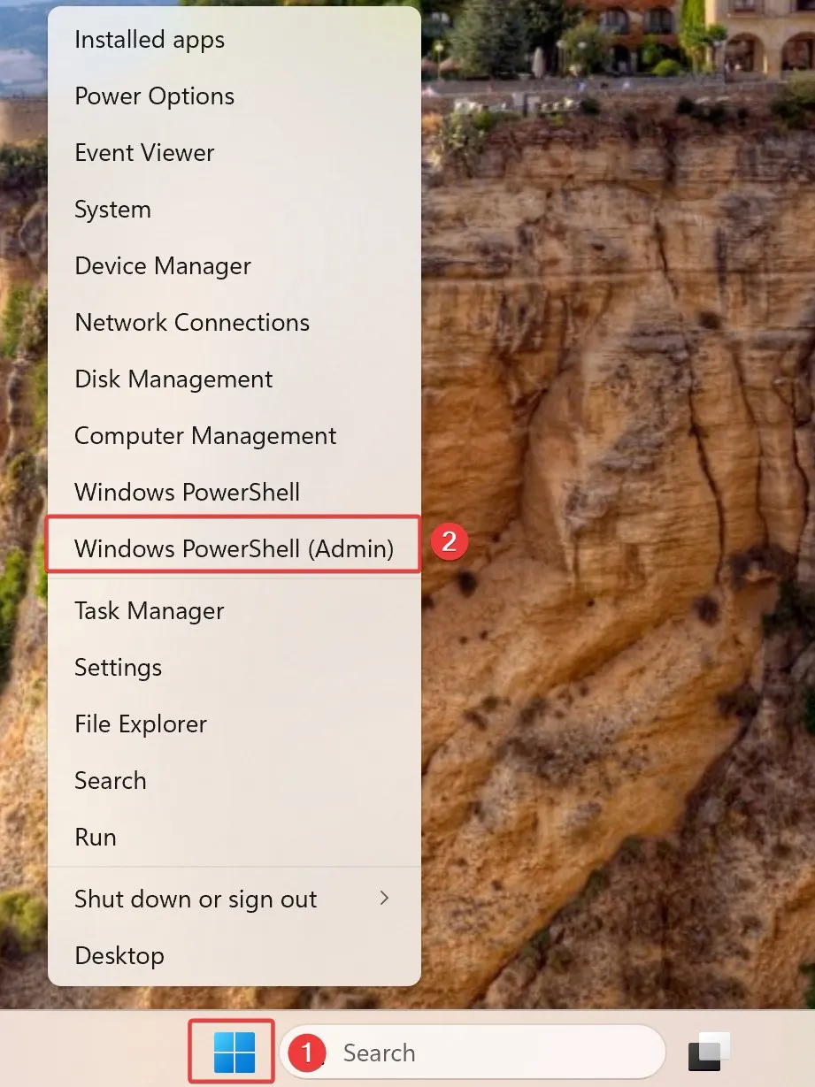 Right-click the Start menu button (Windows icon) on the taskbar