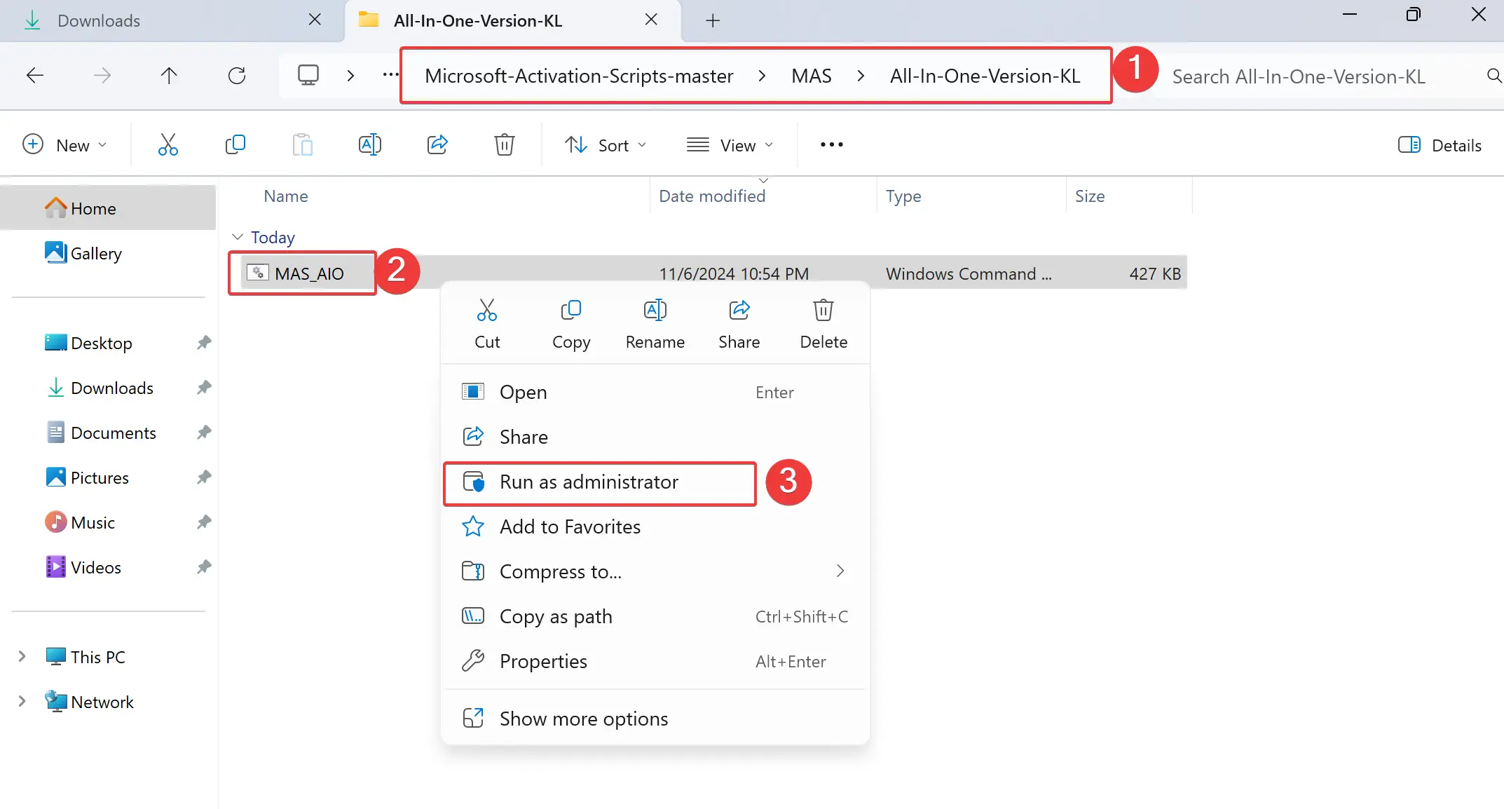Once downloaded, unzip the file and navigate to the directory Microsoft-Activation-Scripts-master/MAS/All-In-One-Version-KL. Right-click on MAS_AIO.cmd and choose Run as administrator