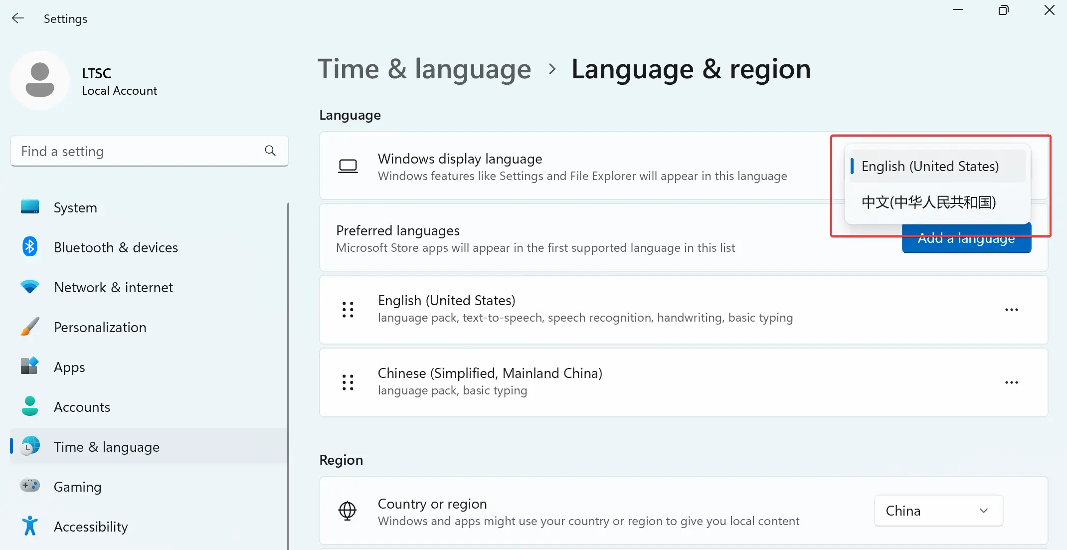 Return to the Language & region page and switch the Windows display language to 中文（中华人民共和国）