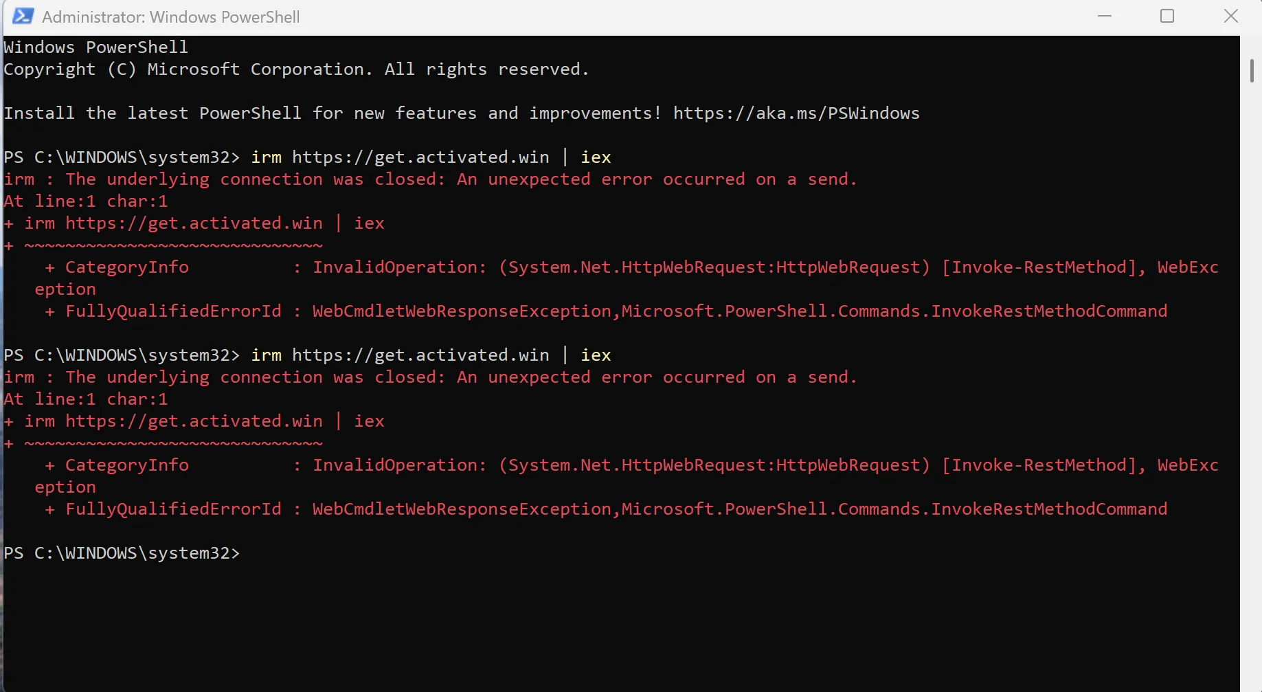 PowerShell might throws an error and cannot connect