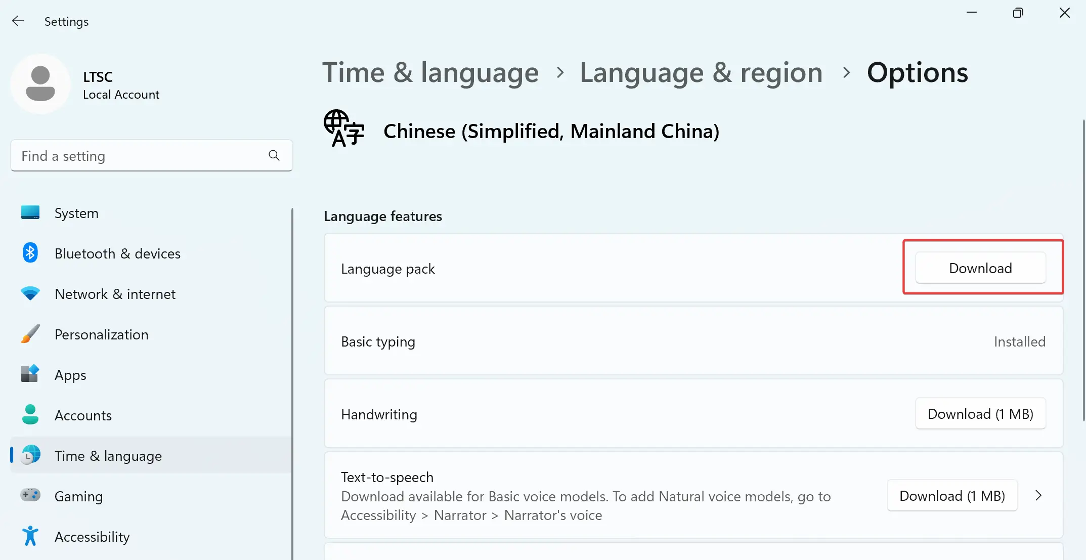 Click the Download button next to Language pack
