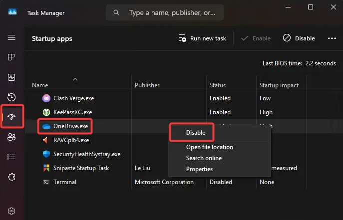 1. First, open Task Manager, switch to Startup apps tab, right-click on OneDrive, and disable its startup option