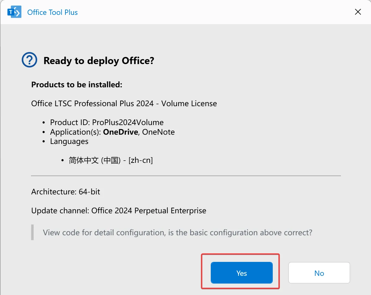 18. In the popup, confirm the details and click Yes to begin installation