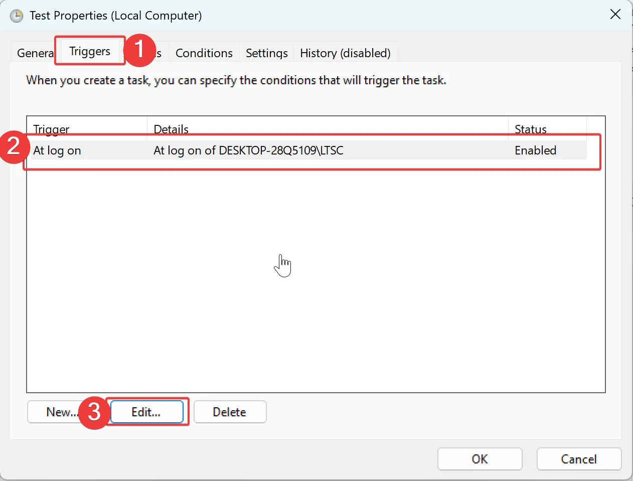 8. In the pop-up window, switch to the Triggers tab, select the task you just created, and click Edit below