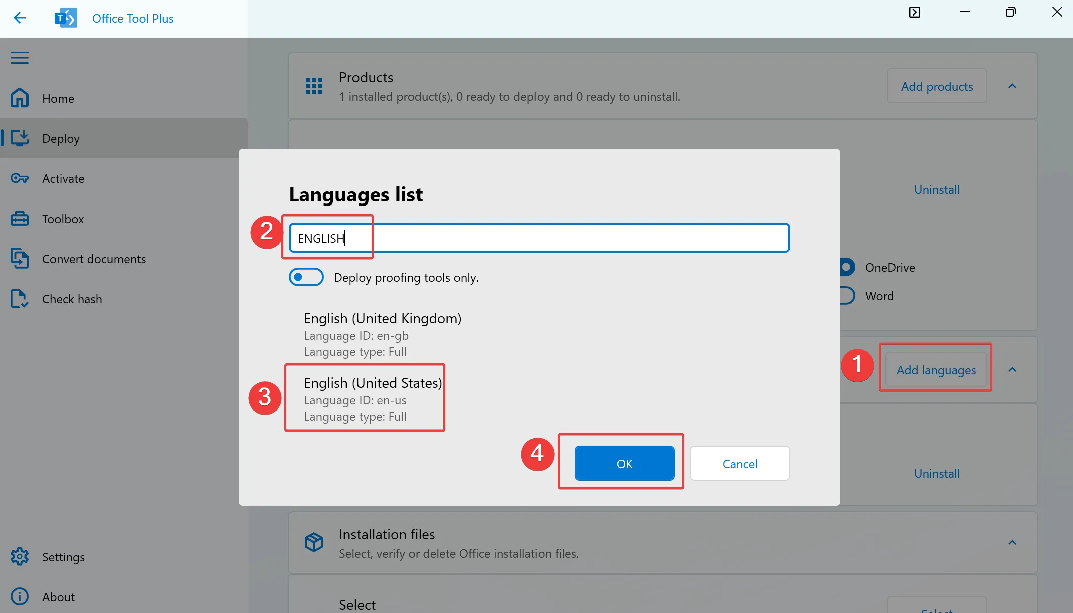 13-16. Click Add languages. Search for English. Choose English (United States). Click OK