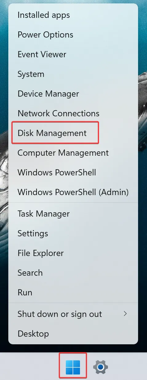 Right-click the Start button (Windows icon) on the taskbar and open Disk Management