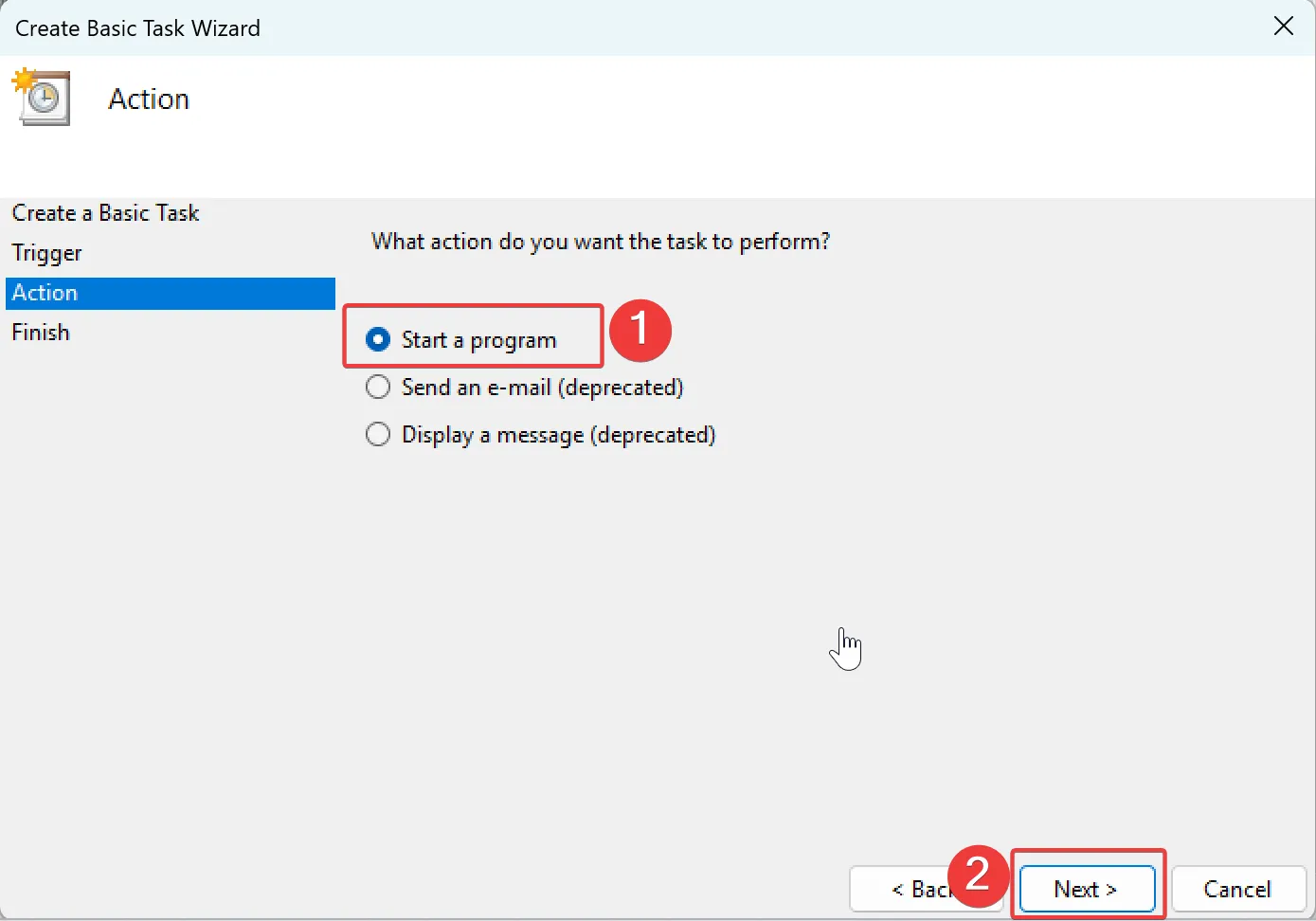 5. In the next step, select Start a program and click Next