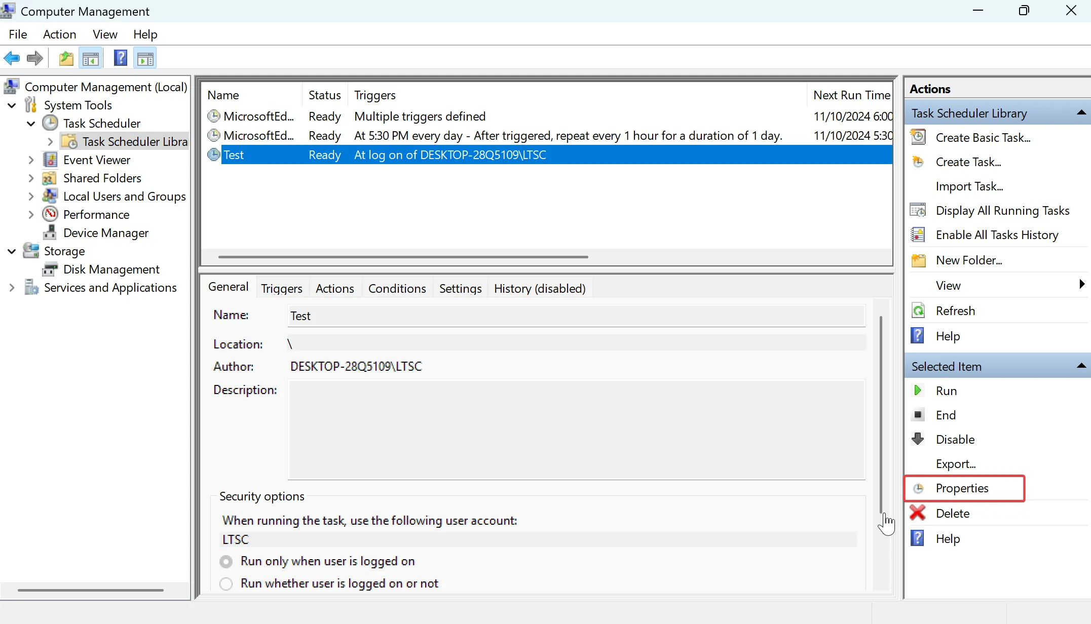 10. To modify the delay time later, you can select the task, and on the right, click Properties to open the settings window