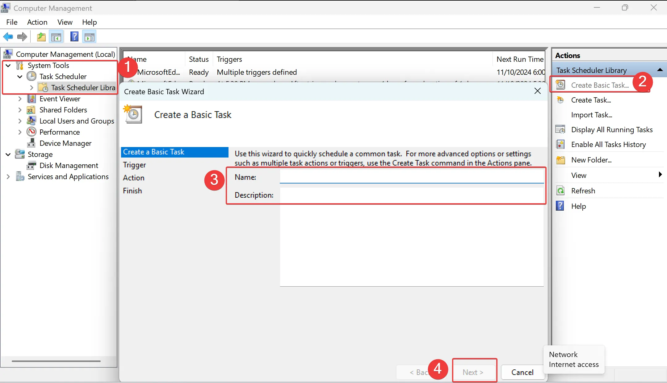 3. In the left sidebar, click on System Tools > Task Scheduler > Task Scheduler Library, and then select Create Basic Task on the right. Enter a task name and description, then click Next