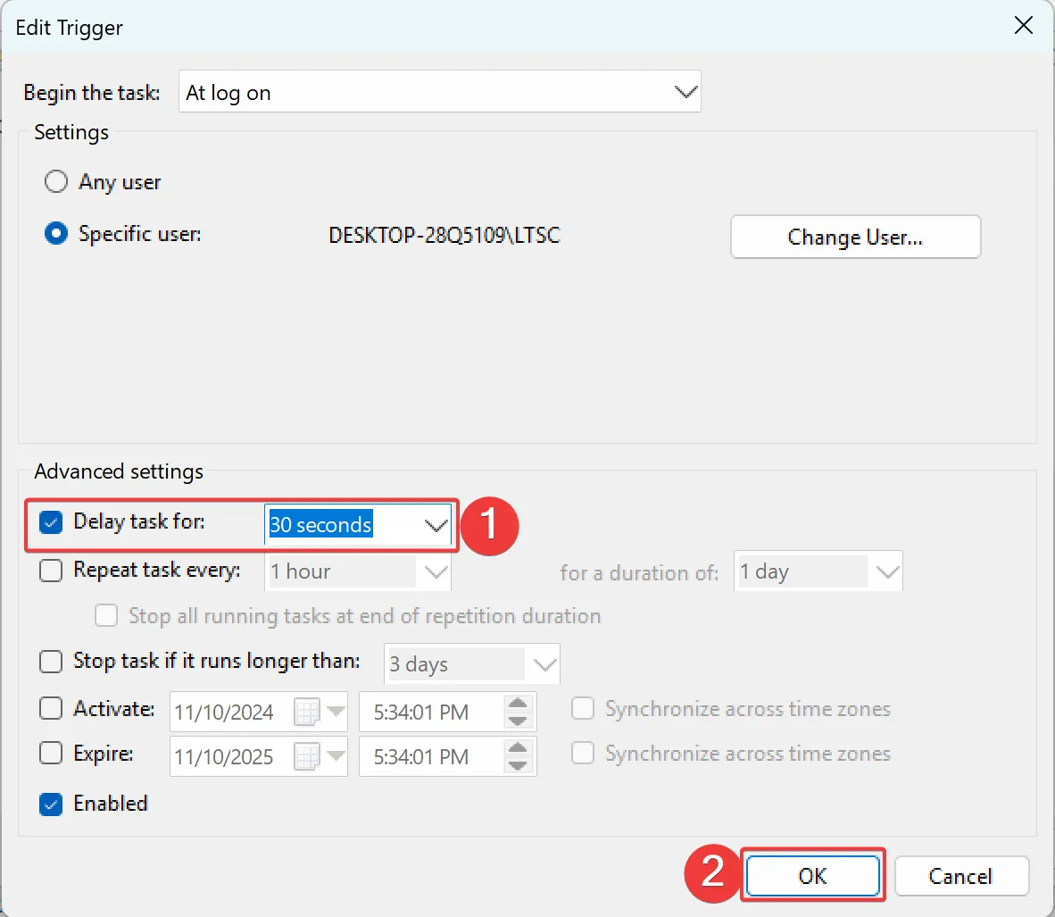 9. Check Delay task for, and choose 30 seconds or 1 minute from the dropdown. Click OK twice to save the changes
