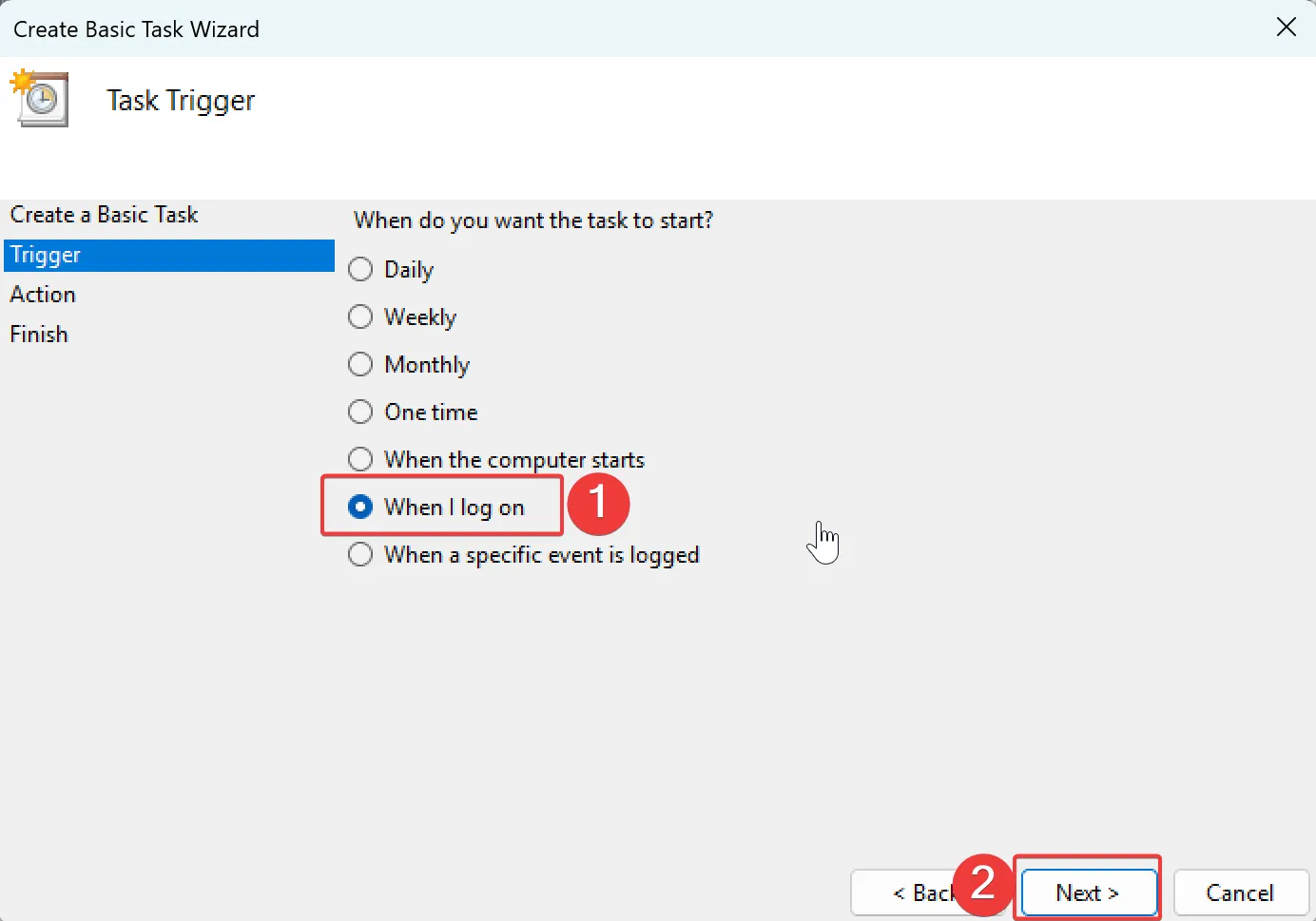 4. On the following page, choose When I log on, then click Next