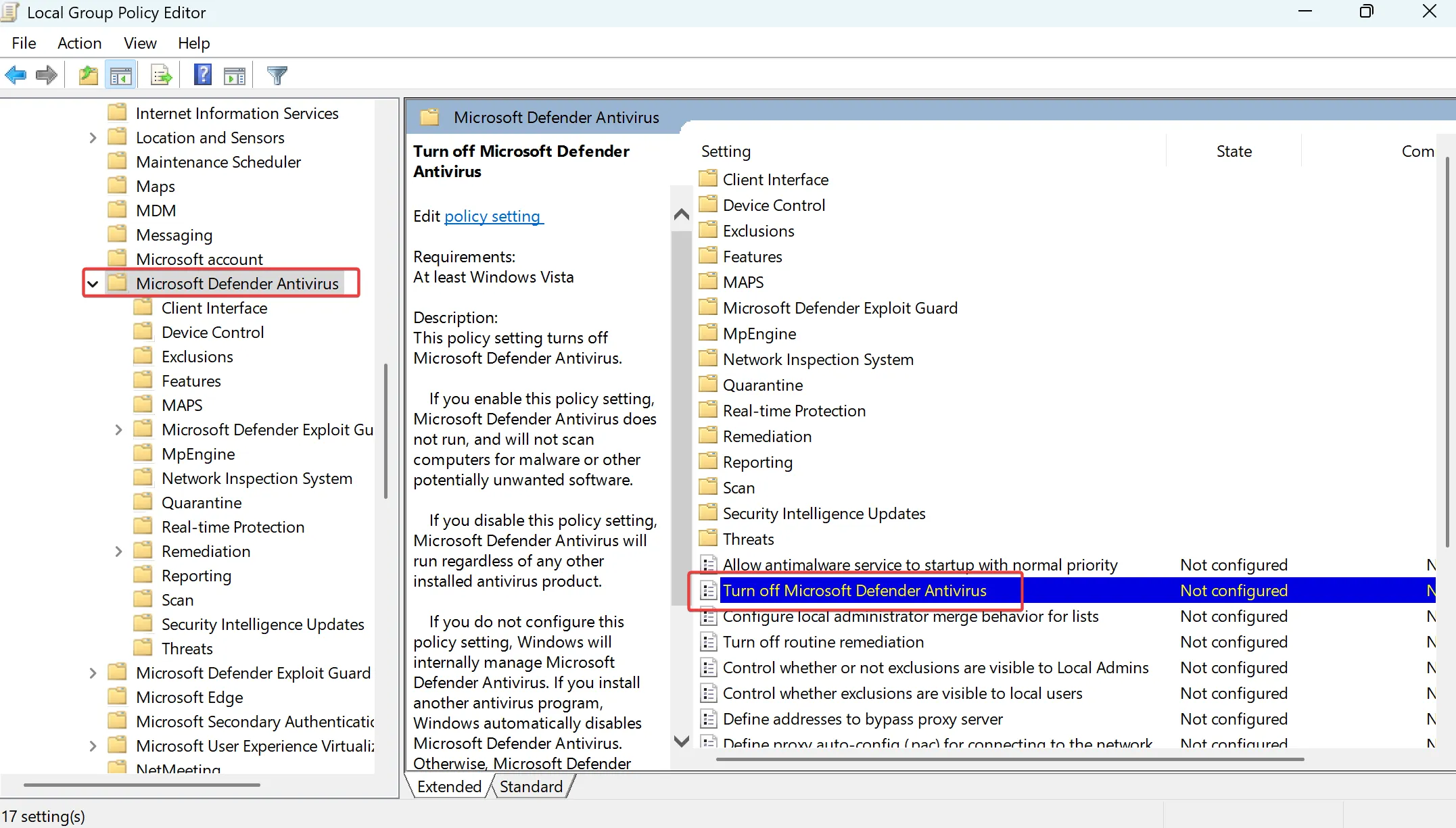 Navigate to Computer Configuration - Administrative Templates - Windows Components - Microsoft Defender Antivirus