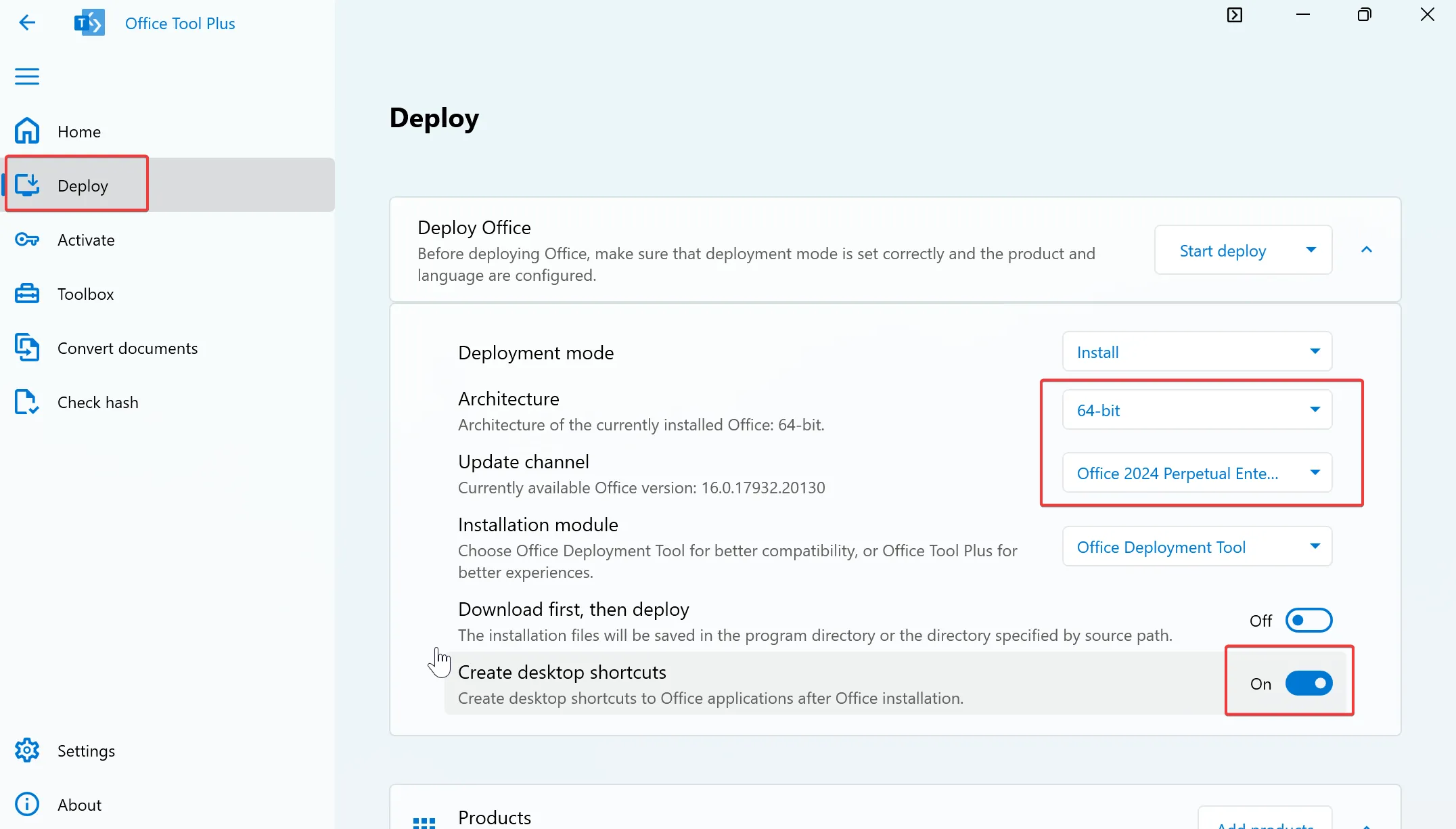 4-7. In the left sidebar, click on the Deploy tab. Set the architecture to 64-bit. Select the update channel as needed; here, I set it to Office 2024 Perpetual Enterprise. Choose whether to Create desktop shortcuts