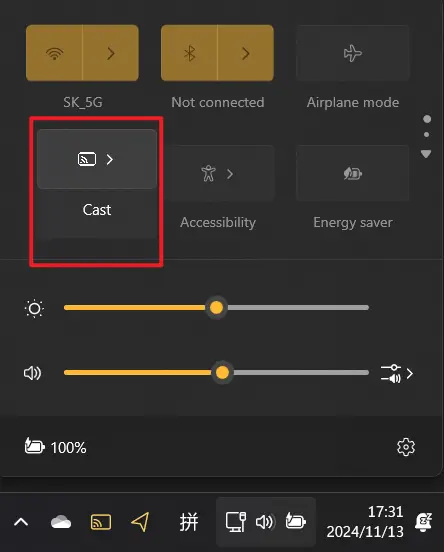 Open the Action Center from the bottom right of the taskbar, scroll down using the mouse wheel, find the Cast button, then left-click and hold to drag it to a more convenient location for quicker access in the future