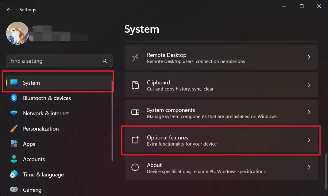 Open Settings > System > Optional features
