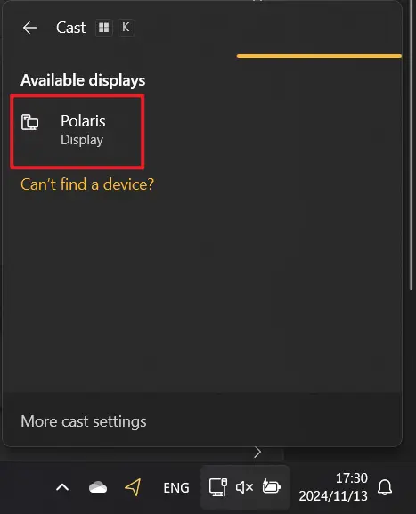 In the Cast window that pops up at the bottom right, select the old device to connect