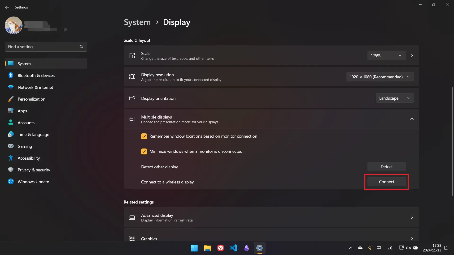 Open Settings > System > Display. Click to expand the Multiple displays menu under Scale & layout. Click the Connect button next to Connect to a wireless display