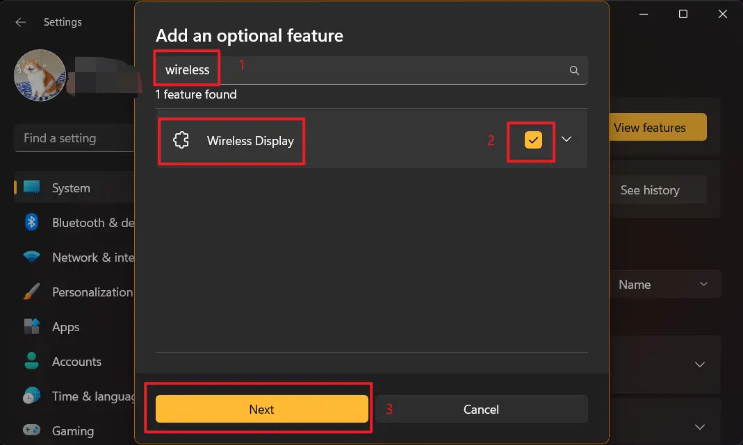 Search for and select the Wireless Display feature, then click Next