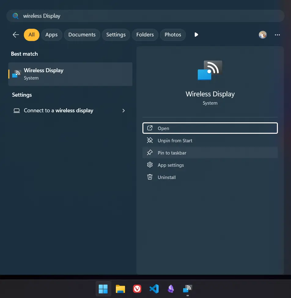 Pin the Wireless Display app to the taskbar or Start menu for quick access