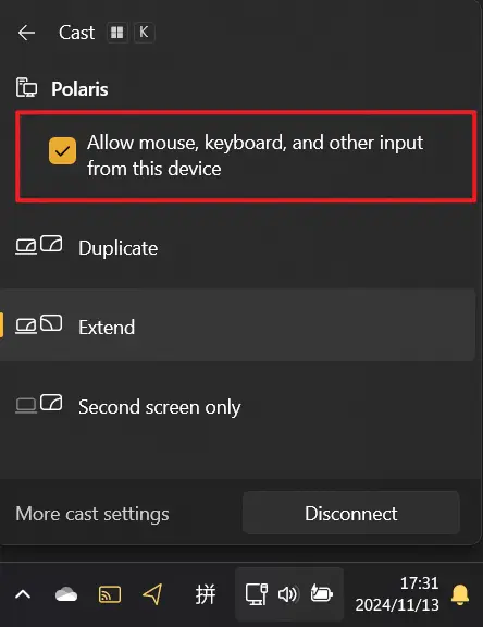 Click the Cast icon on the right side of the taskbar, check Allow mouse, keyboard, and other input from this device, and you'll be able to use Surface 3's touch screen and stylus
