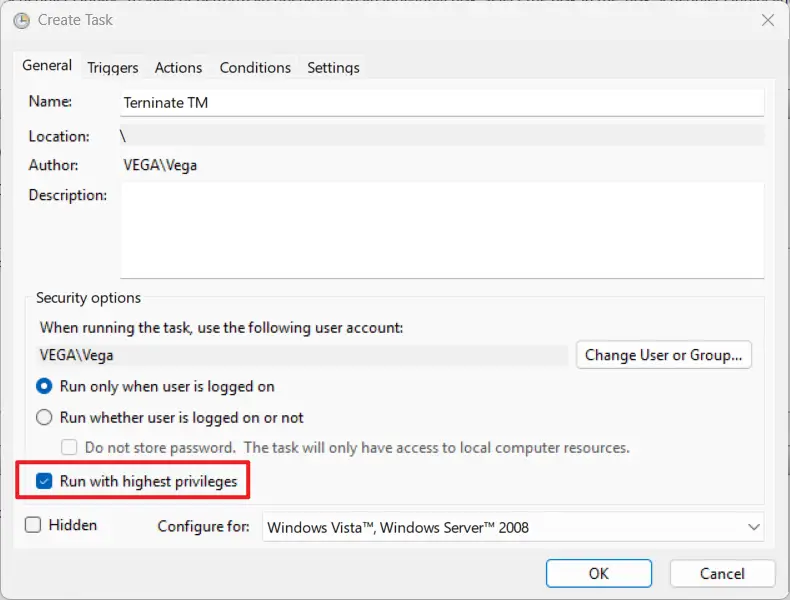 Enter a name for the task and check Run with highest privileges