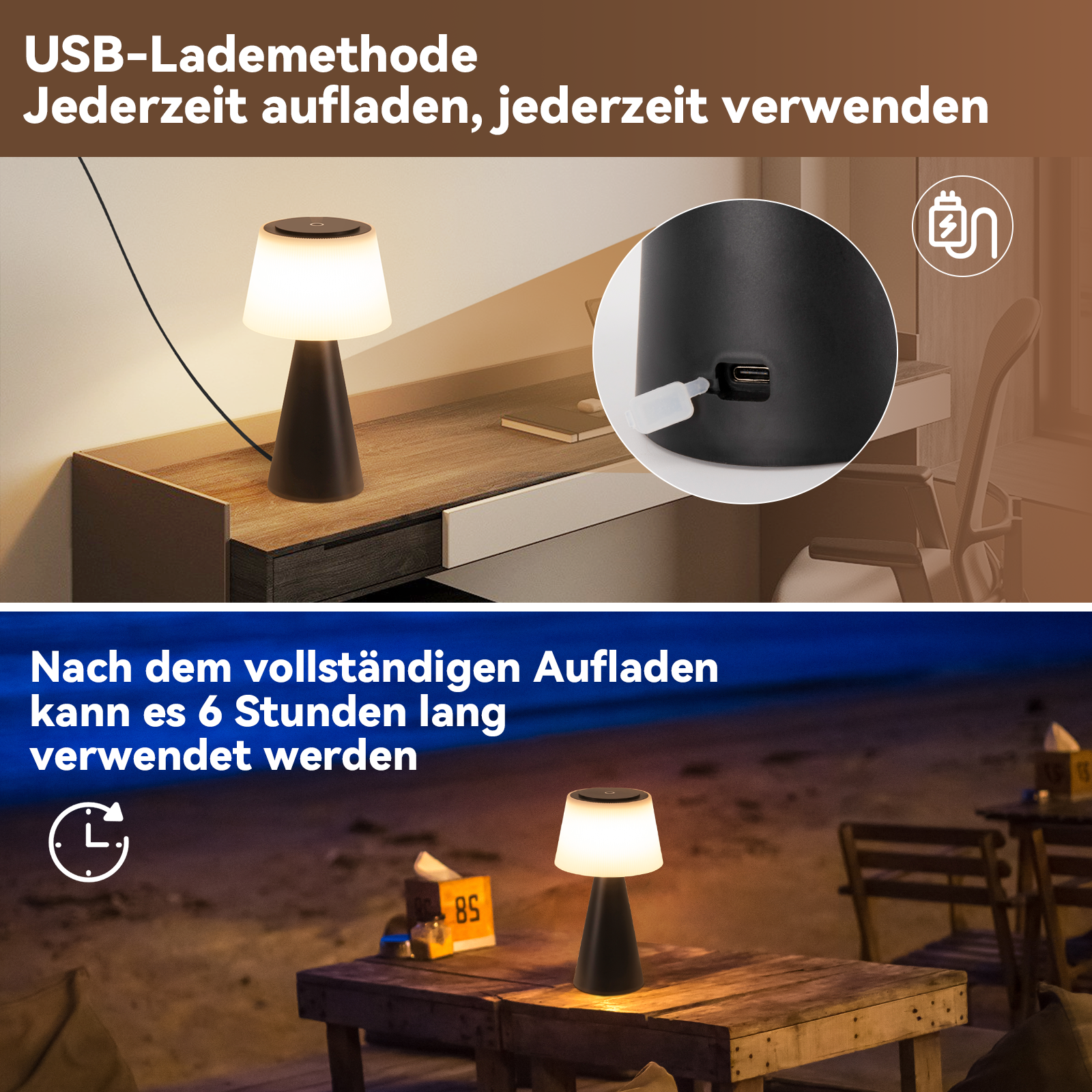 Glitzerlife Tischlampe Solar Akku Nachttischlampe - Modern Kabellos Led Tischleuchte 3600mhA Aufladbar Touch Dimmbar Weiß Lampe Mit USB Batterie Tischlampen_voghion.com