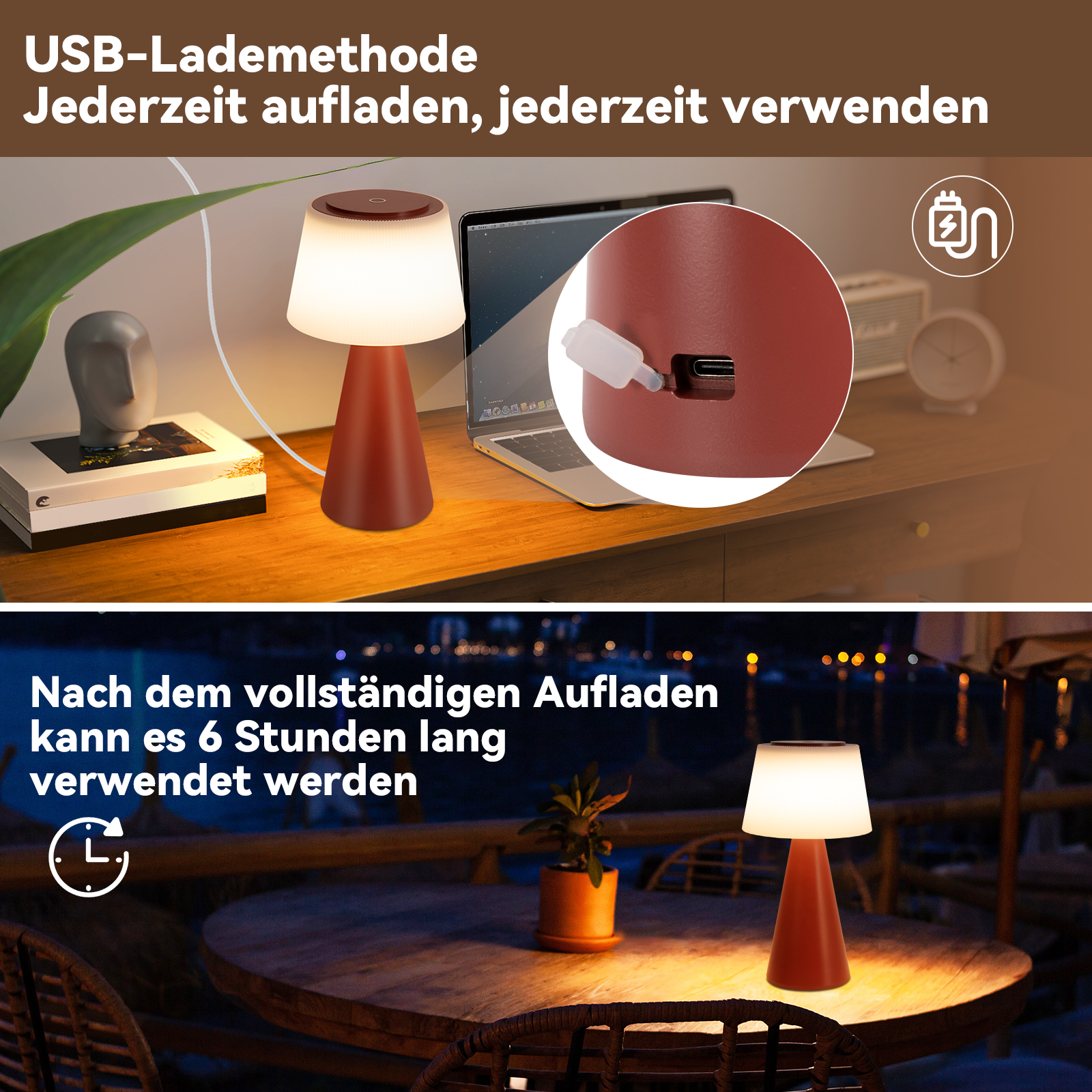 Glitzerlife Tischlampe Solar Akku Nachttischlampe - Modern Kabellos Led Tischleuchte 3600mhA Aufladbar Touch Dimmbar Weiß Lampe Mit USB Batterie Tischlampen_voghion.com