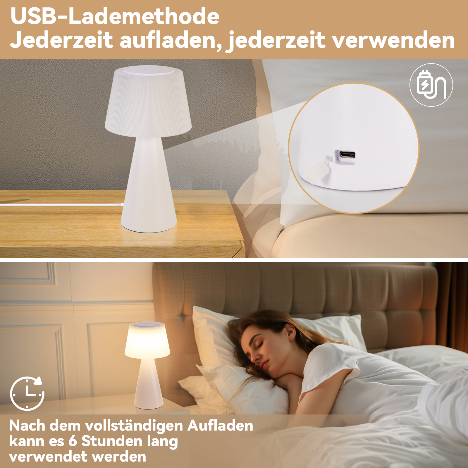 Glitzerlife Tischlampe Solar Akku Nachttischlampe - Modern Kabellos Led Tischleuchte 3600mhA Aufladbar Touch Dimmbar Weiß Lampe Mit USB Batterie Tischlampen_voghion.com
