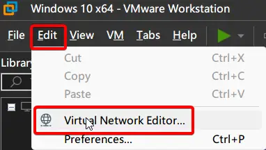 Click Edit in the VMware top menu and select Virtual Network Editor