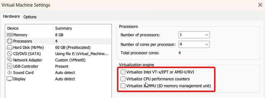 Disable the virtualization engine in the settings of the affected virtual machine