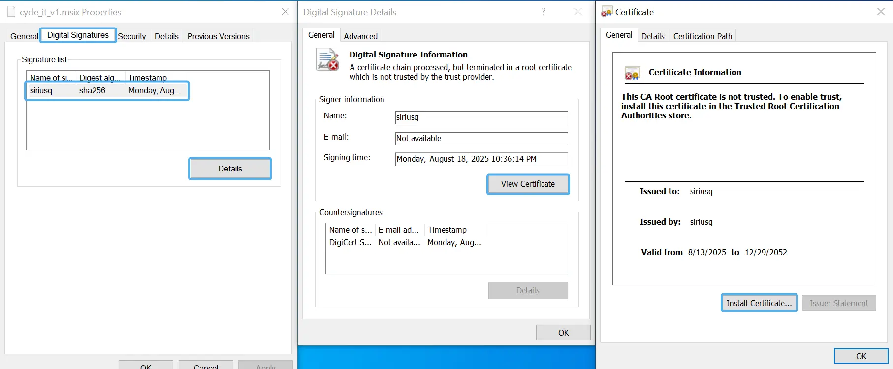 Click Digital Signatures, then Details, then View Certificate, and finally Install Certificate