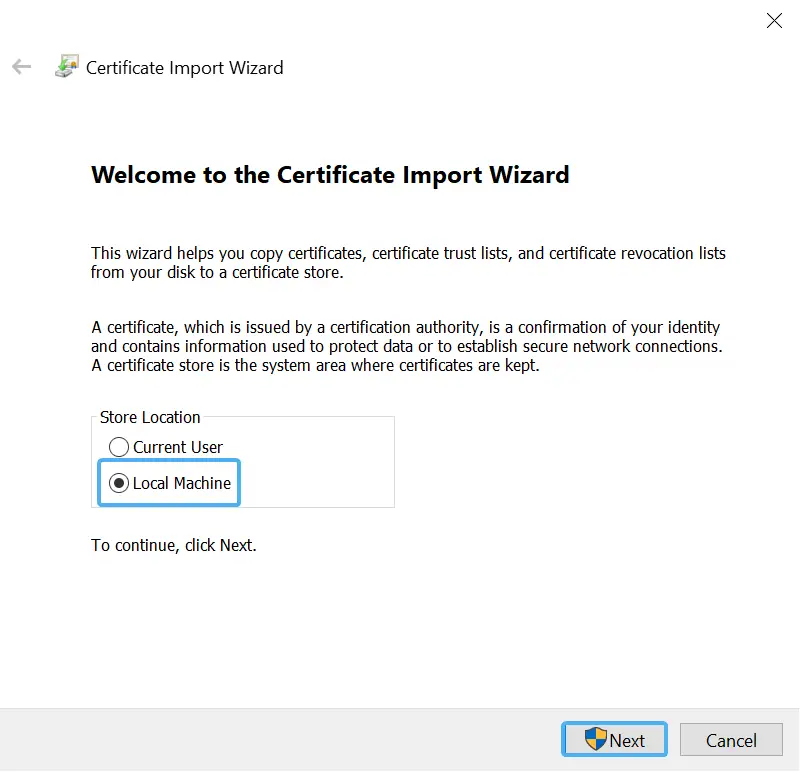 Choose the storage location as Local Machine and click Next