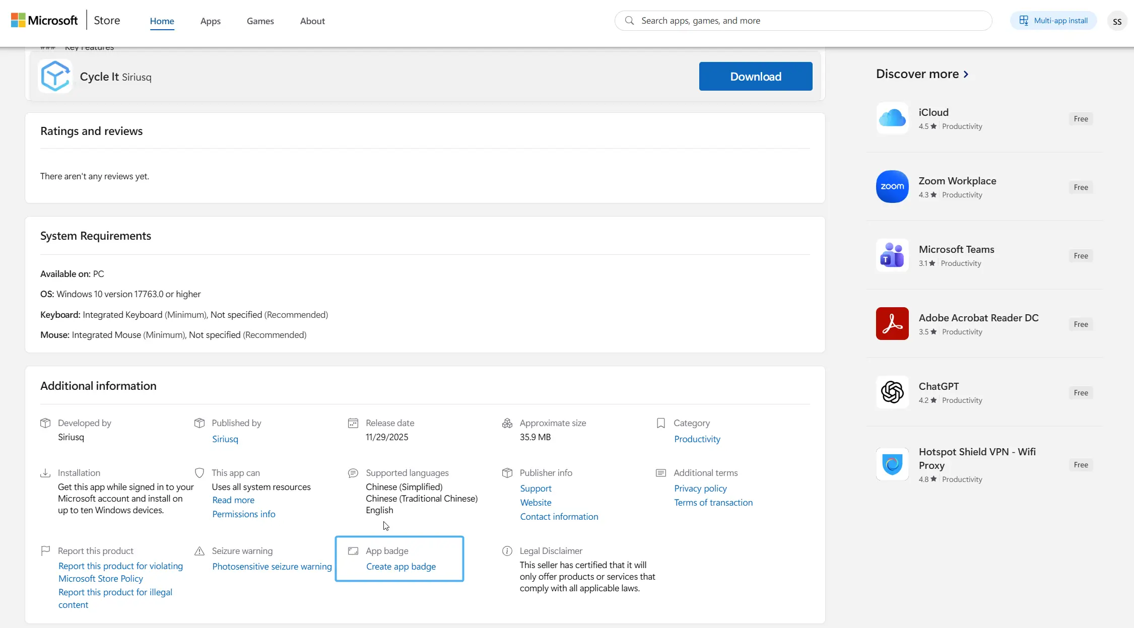 Paste the link into your browser’s address bar and open it. Scroll to the bottom of the page. Click Create app badge