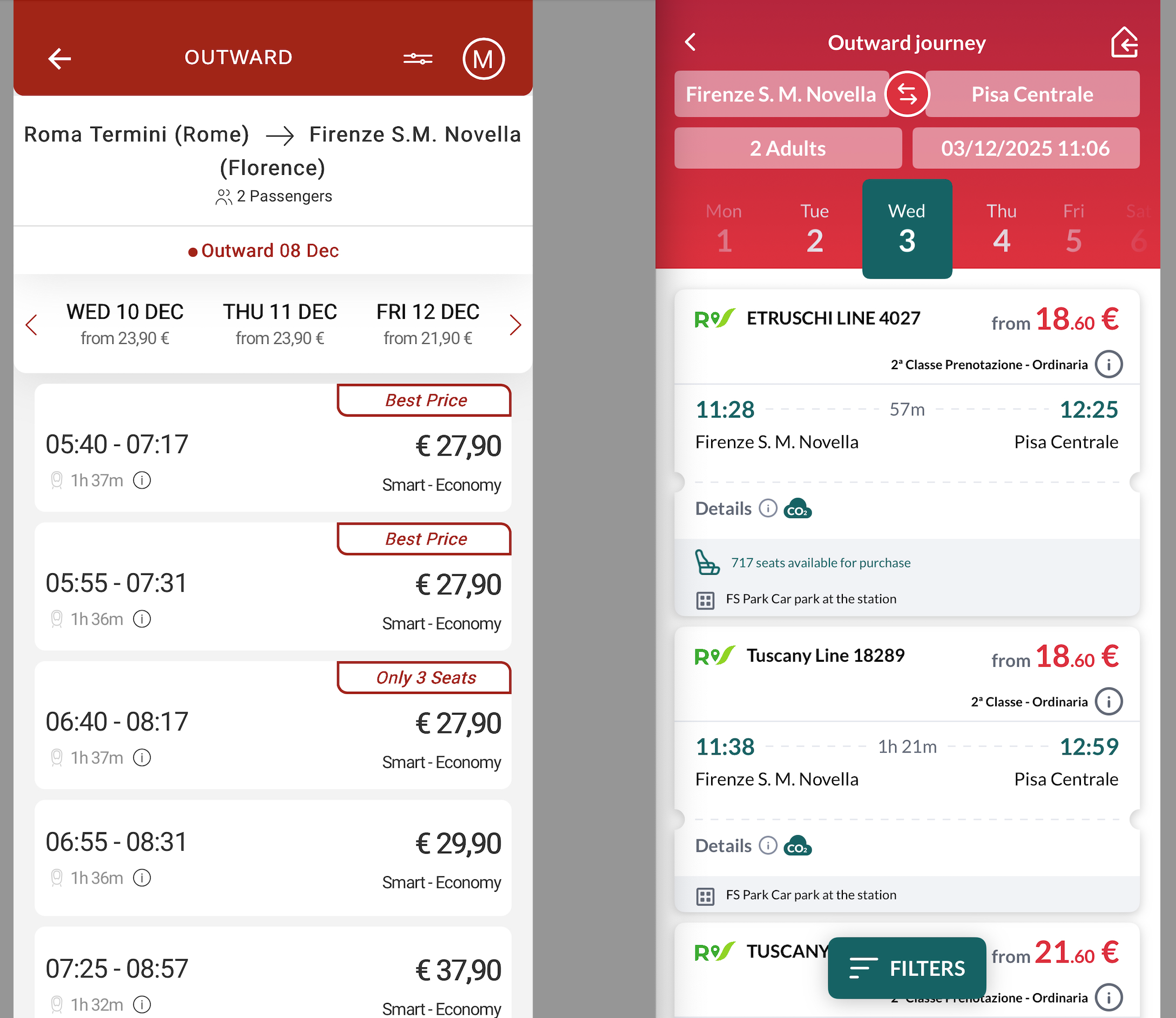 Italo(左) 和 Trenitalia(右)