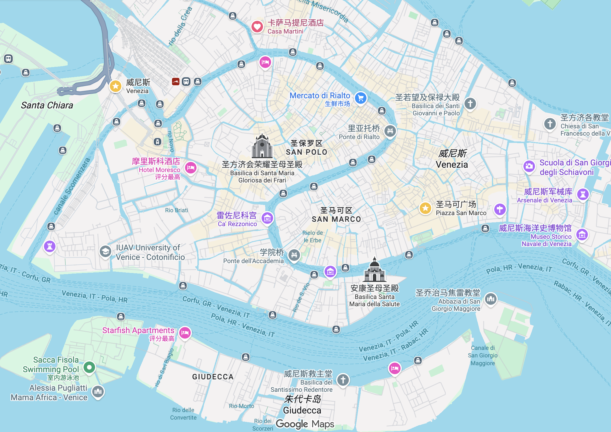 威尼斯行程：⭐️是景点 ❤️是住宿点