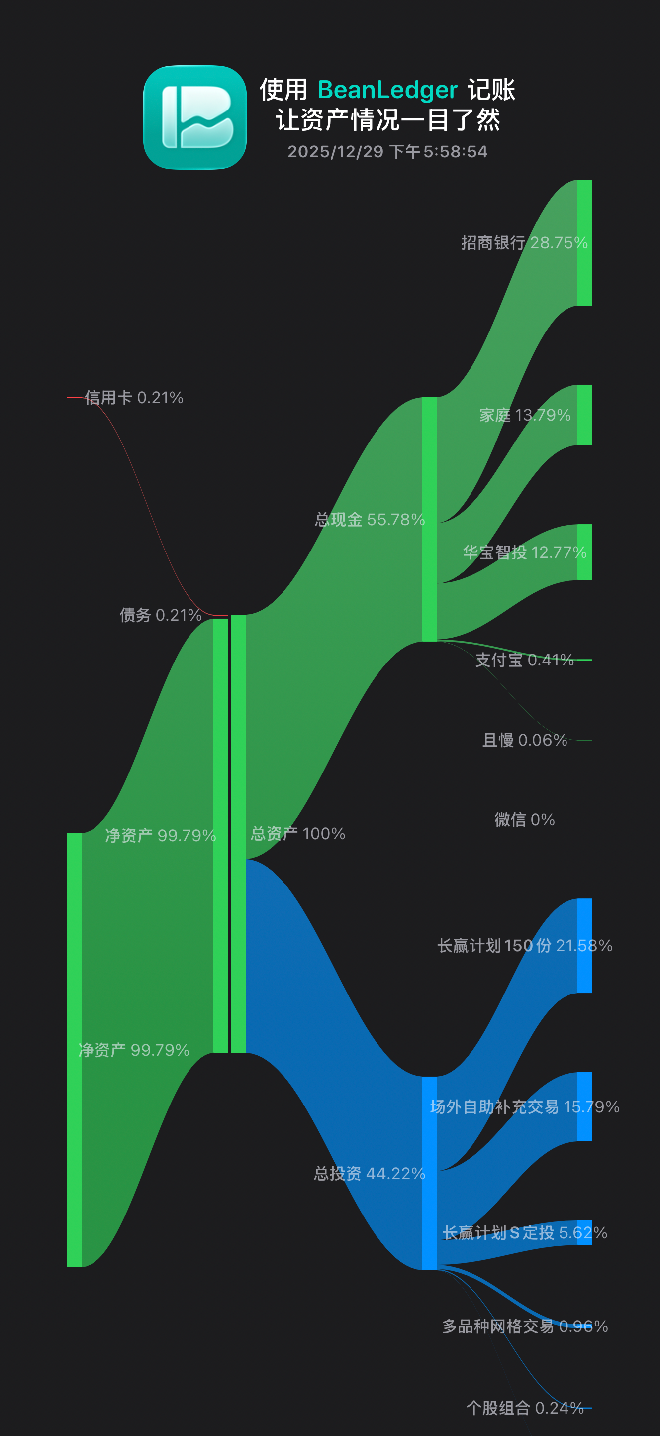 此资产配置图使用我自己开发的财务工具 App BeanLedger 生成