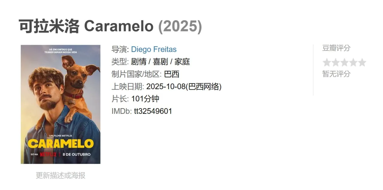 电影《可拉米洛》海报，一只可爱的流浪狗站在夕阳下的街道上，眼神充满希望