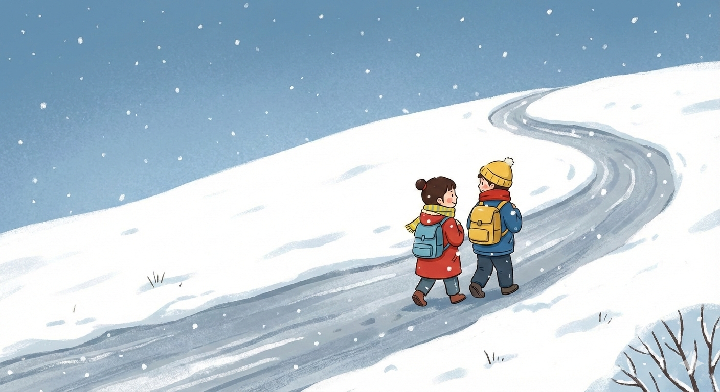 雪天两个走山路的孩子