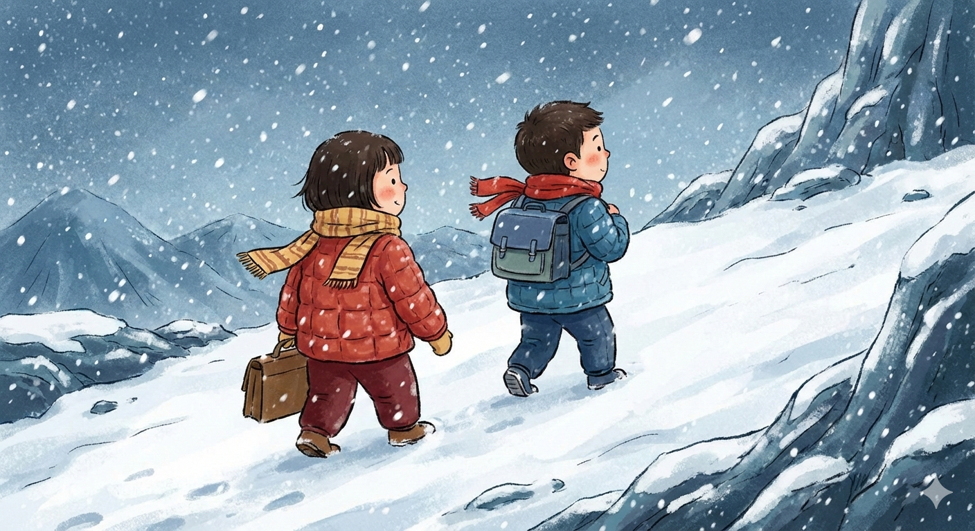 雪天两个走山路的孩子